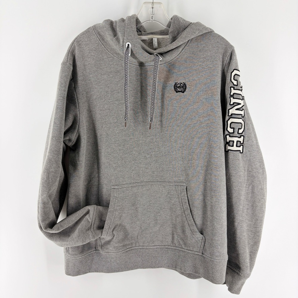 Cinch Hoodie Mens M Gray Pullover Sweatshirt Patch Logo Sleeve Sweater